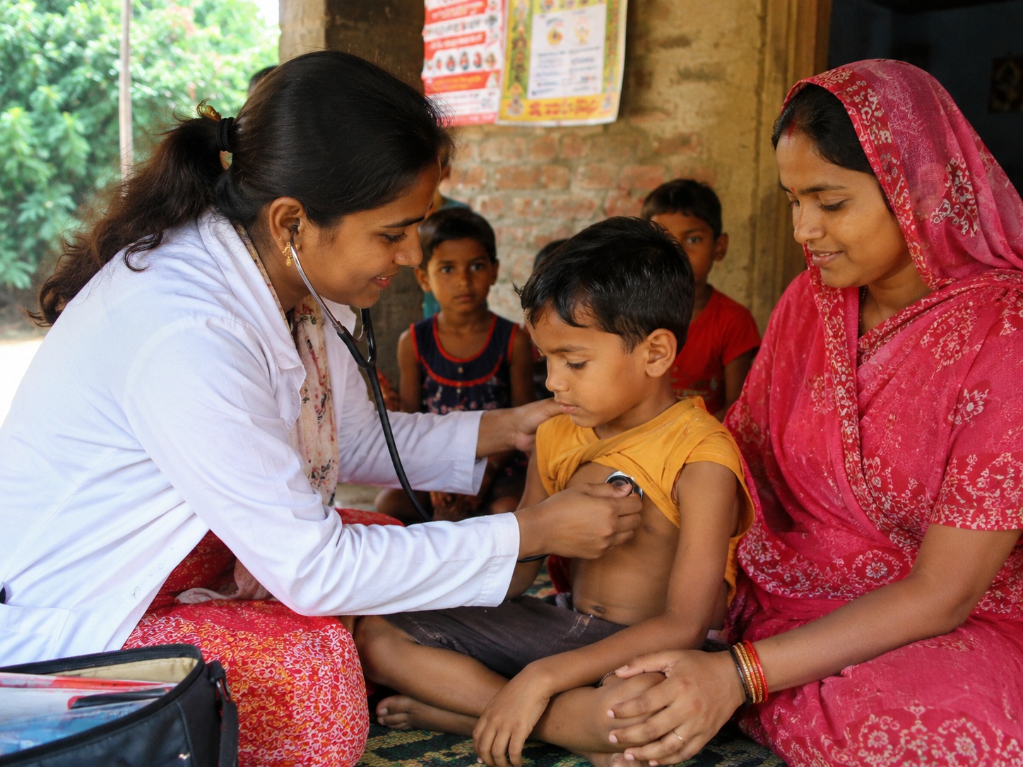 Bihar ke gaon mein ek health worker bachche ki jaanch karte hue, maa saath baithi hui